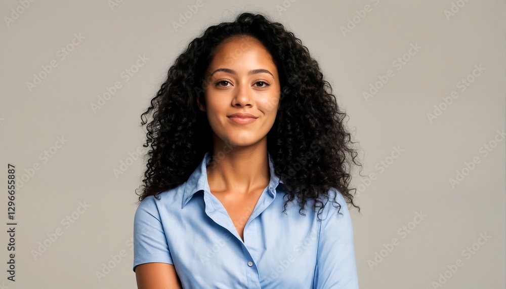 A young woman with long curly black hair and a light blue collared shirt is standing against a plain gray background.