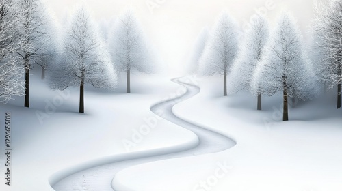 A peaceful winter forest with snow-covered trees and a winding path disappearing into the mist.