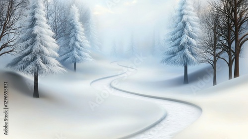 A peaceful winter forest with snow-covered trees and a winding path disappearing into the mist.