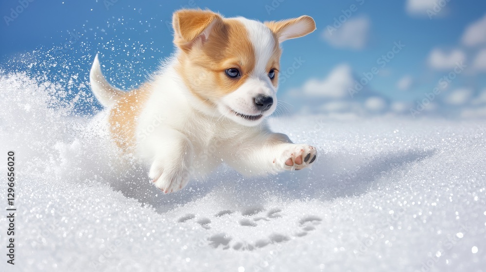 A playful puppy jumping through deep snow, leaving a trail of tiny paw prints behind. A playful puppy jumping through deep snow, leaving a trail of tiny paw prints behind.