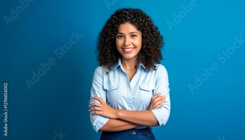 A young woman with curly hair and a light blue shirt is smiling at the camera.