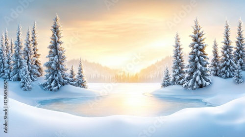 Wallpaper Mural A serene winter landscape with snow-covered pine trees and a frozen lake under a soft golden sunrise. Torontodigital.ca