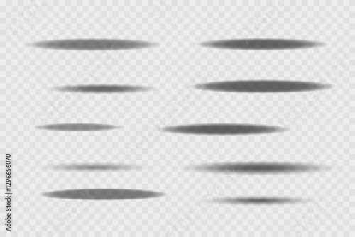 Different realistic round shadow, soft shapes on transparent background. Gray circular and ellipse shadows set. Vector illustration.