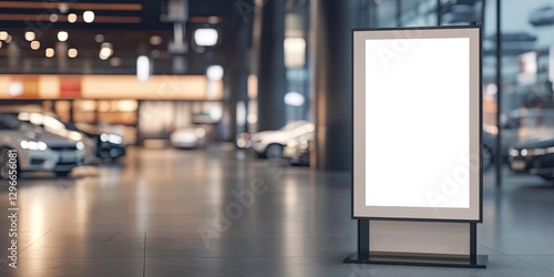 A blank advertising stand in a modern car dealership showroom with luxury vehicles in the background, creating a sleek and professional atmosphere.