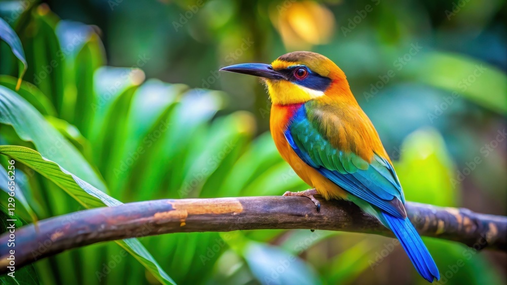 Obraz premium Colorful bird species with vibrant blue and yellow plumage perched on a sturdy branch in a lush tropical environment, wildlife, birds perched