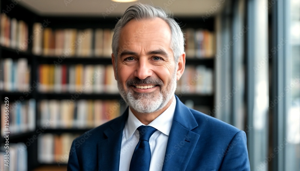 Portrait of a middle-aged man with gray hair wearing a blue suit and tie standing in front of a bookshelf. Portrait of a middle-aged man with gray hair wearing a blue suit and tie standing in front of a bookshelf.