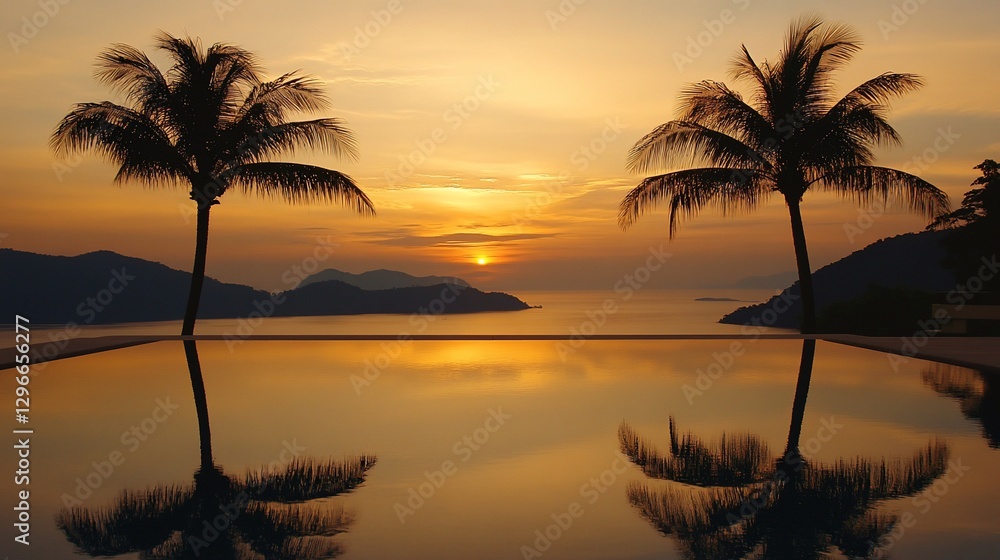 Tropical Paradise Sunset: Palm Trees and Infinity Pool Reflections Tropical Paradise Sunset: Palm Trees and Infinity Pool Reflections