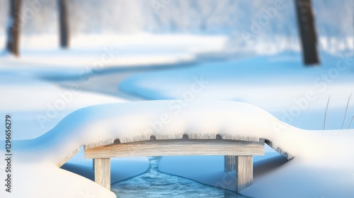 A small wooden bridge covered in snow, crossing over a frozen stream in a peaceful winter setting.