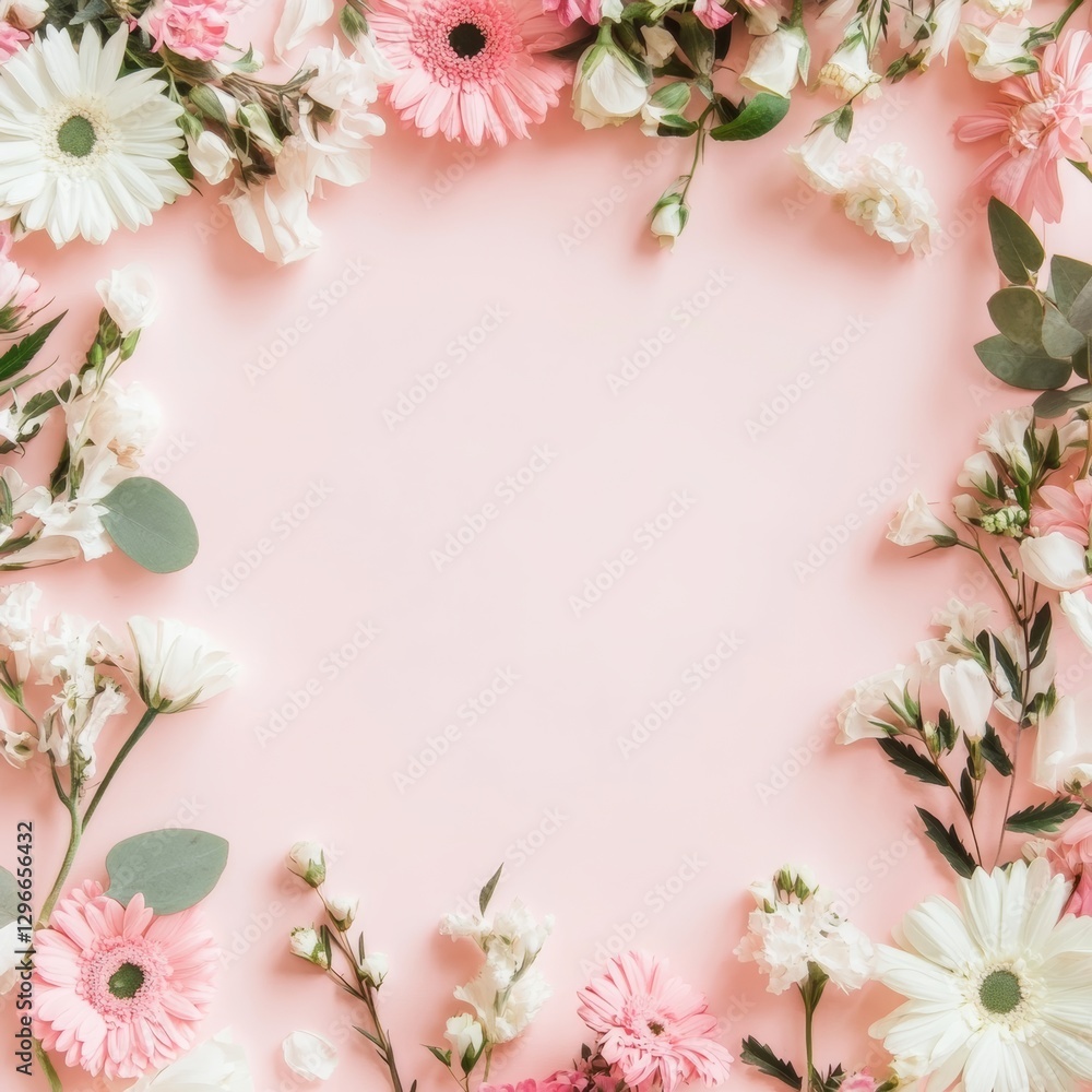 Obraz premium Pink background decorated with flowers for Mother's Day. Feminine flatley. Banner Romantic floral frame for Mother's Day. International Women's Day