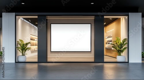 A storefront window with a blank poster for retail advertising mockup