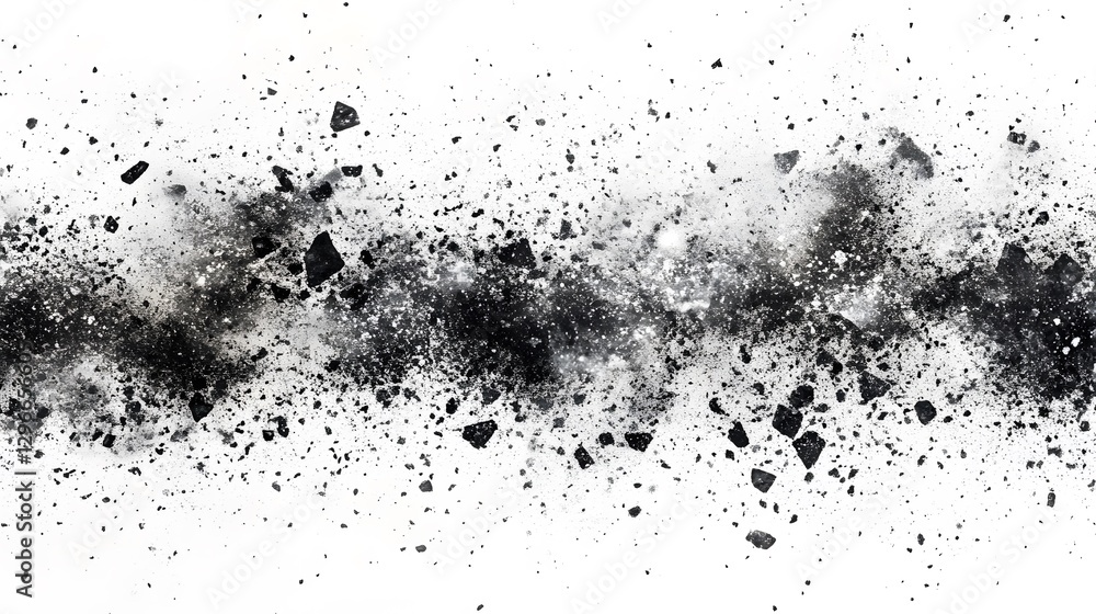 Obraz premium Black debris and dust particles exploding across a white background