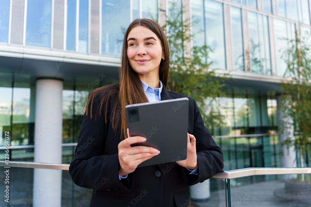Businesswoman stands confidently outside a modern office building holding a tablet during daytime Businesswoman stands confidently outside a modern office building holding a tablet during daytime