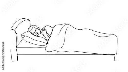 Simple line drawing of a person asleep in bed under covers. Peaceful scene depicting rest, relaxation, and sleep. The bed has a headboard.