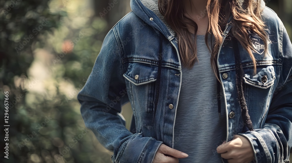 A layered look combining a denim jacket with a hood showcasing a stylish woman in a fashionable outfit perfect for casual outings and urban settings A layered look combining a denim jacket with a hood showcasing a stylish woman in a fashionable outfit perfect for casual outings and urban settings
