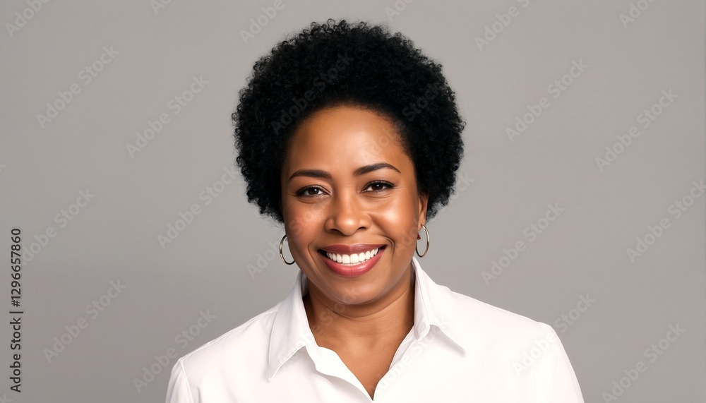 A woman with an afro hairstyle and hoop earrings, wearing a white collared shirt.