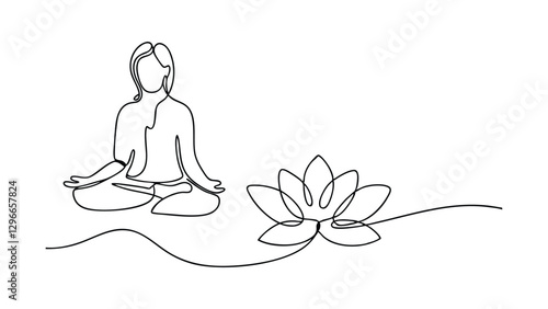 Serene Woman Meditating Lotus Flower Yoga Mindfulness One Line Art