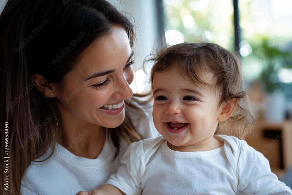 This heartwarming image features a mother and her baby sharing cherished smiles, emphasizing their strong bond and the joy present in their intimate moment together at home. This heartwarming image features a mother and her baby sharing cherished smiles, emphasizing their strong bond and the joy present in their intimate moment together at home.