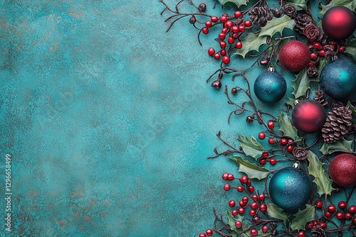 A vibrant turquoise background with teal and red Christmas decorations on the right side