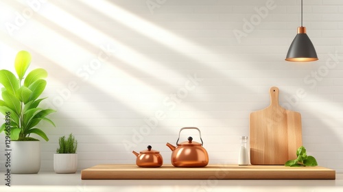 Rustic kitchen scene featuring a wooden butcher block, vintage copper teapots, and a textured brick backsplash.