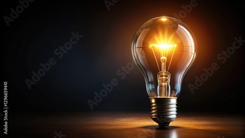 A glowing light bulb on a dark black background with soft warm illumination , warmth, glow