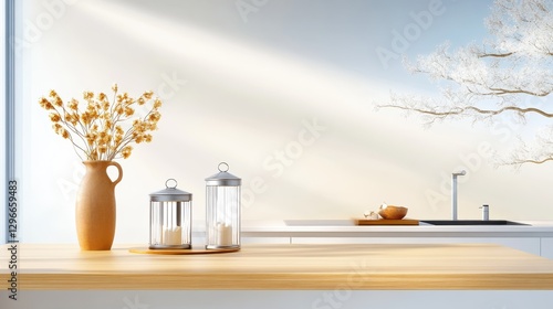 Wallpaper Mural Warm-toned rustic kitchen with a large wooden island, antique metal lanterns, and decorative dried flowers in a clay vase. Torontodigital.ca