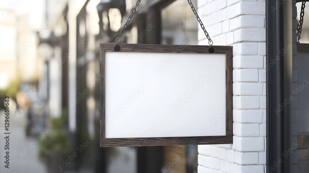 A Blank Rectangular Sign Hanging From Chains Outdoors A Blank Rectangular Sign Hanging From Chains Outdoors