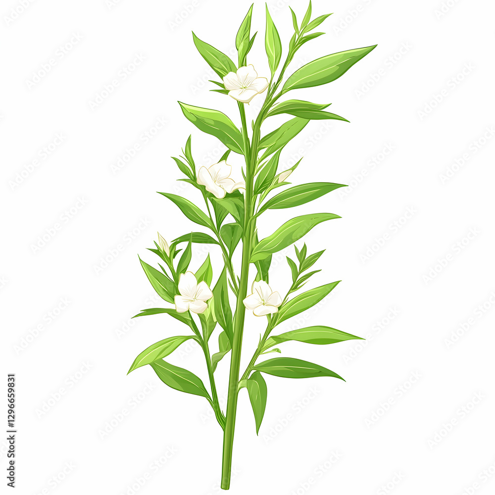 Fototapeta premium Elegant White Blossom with Green Leaves on a Bright Background