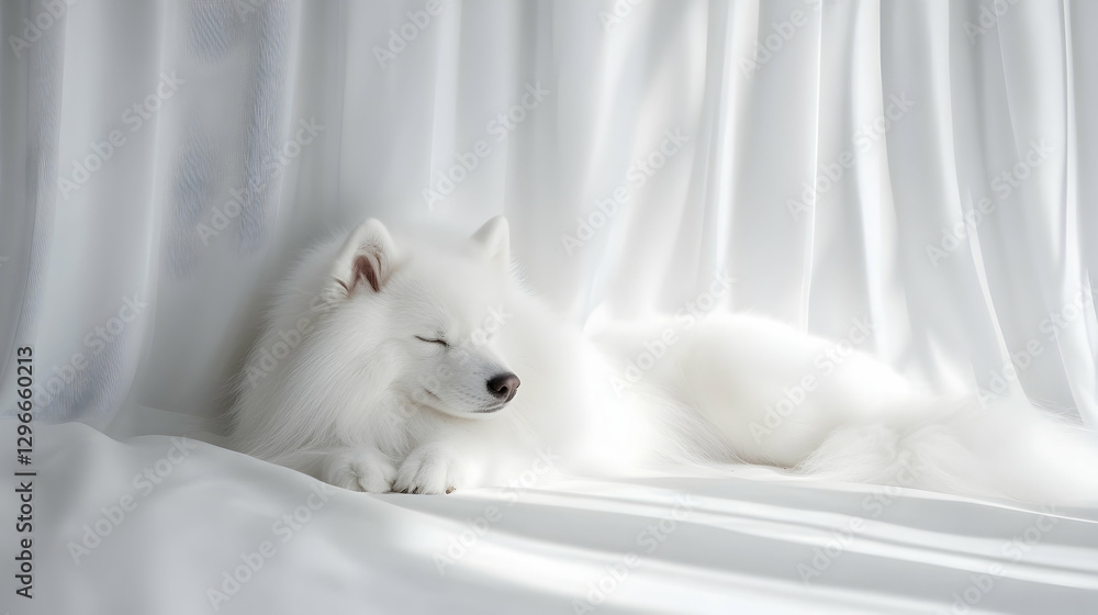 Serene White Dog Resting on Soft White Fabric in Gentle Light Serene White Dog Resting on Soft White Fabric in Gentle Light