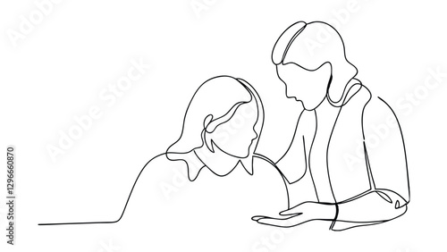 A singleline drawing depicts two women one appears consoling the other who looks downcast. The image suggests empathy, support, and a caring connection.