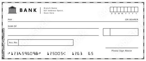 Bank check, vector blank money cheque, checkbook template with guilloche pattern and fields. Currency payment coupon, money check background