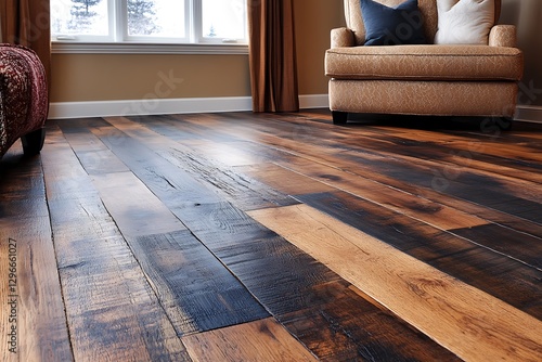 Rustic hardwood floor, living room, cozy interior, home decor, design