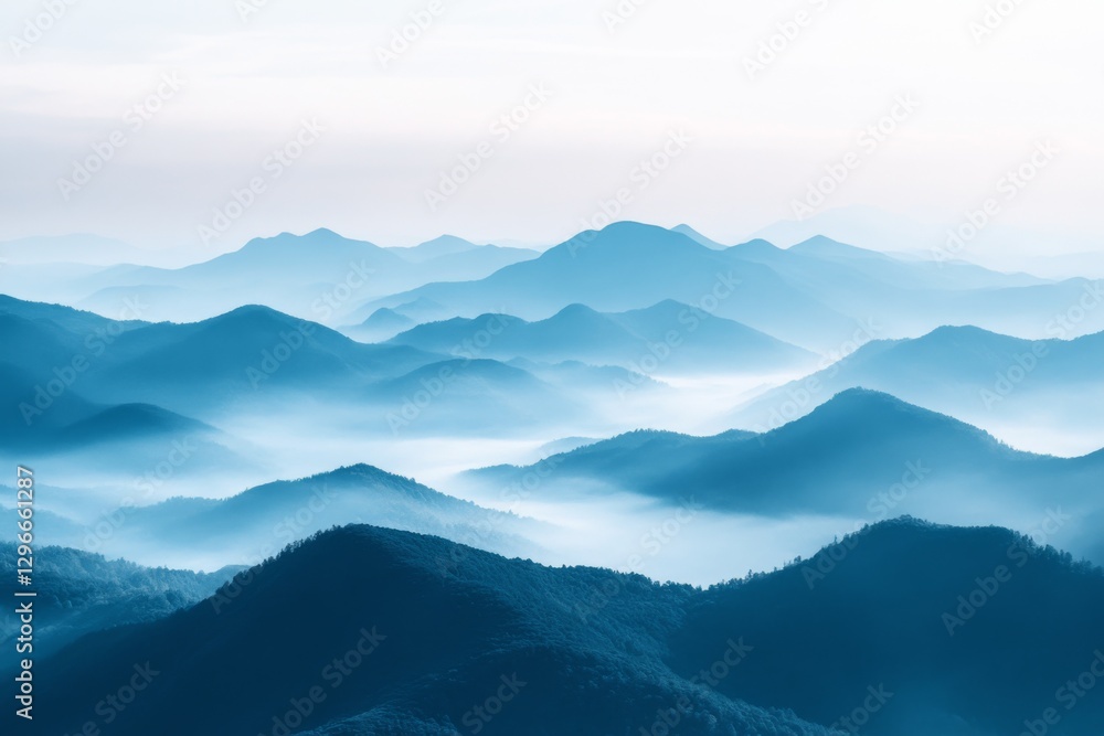 Obraz premium Serene landscape of misty mountains with blue tones