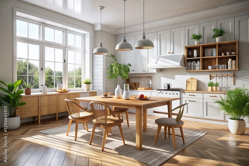 Fototapeta premium Minimalist Scandinavian Kitchen: Wooden Table, Large Windows, White Walls - 3D Render