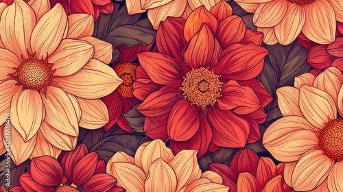 Wallpaper Mural Illustration with beautiful red and beige flowers will be suitable for card design, packaging or interior design, where you need to create a warm and cozy atmosphere. Torontodigital.ca