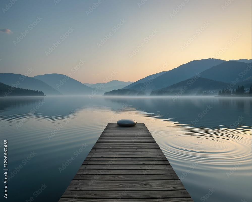 Naklejka premium A serene dock extends into a misty lake, surrounded by mountains, reflecting a peaceful early morning atmosphere.