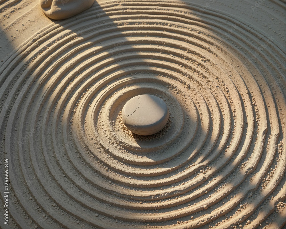 Naklejka premium A serene Zen garden with carefully raked sand forming concentric circles around a central stone, creating a calming visual effect.