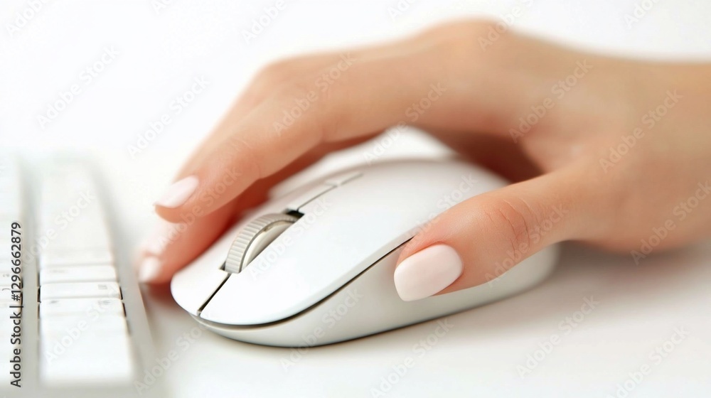 Woman's hand using wireless mouse on white desk Woman's hand using wireless mouse on white desk