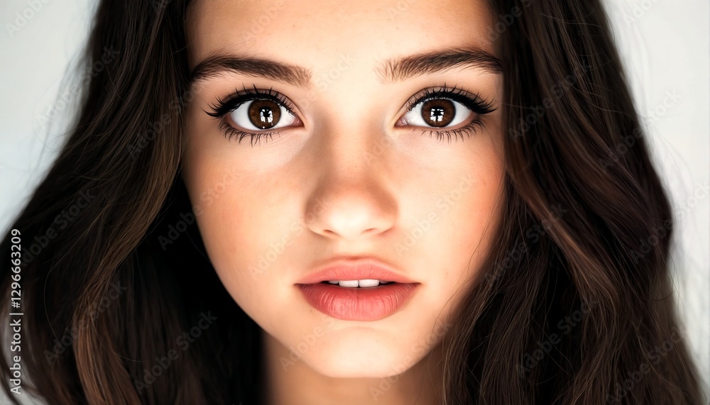 A close-up of a woman's face with long dark hair and brown eyes. A close-up of a woman's face with long dark hair and brown eyes.
