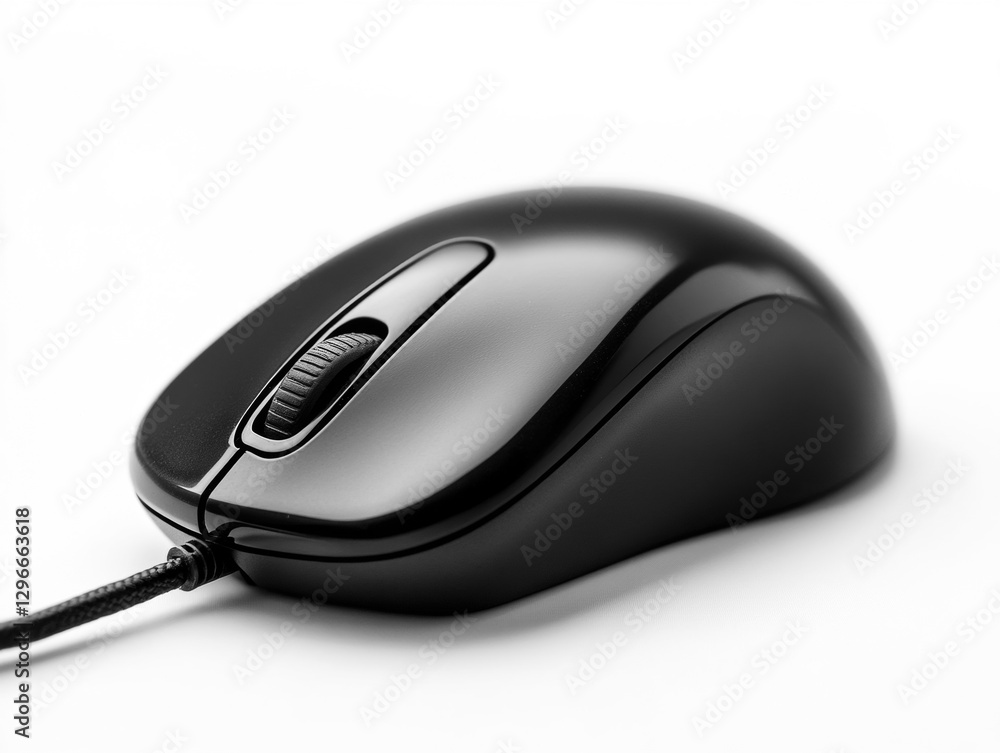 Black computer mouse on a white surface with a sleek design Black computer mouse on a white surface with a sleek design