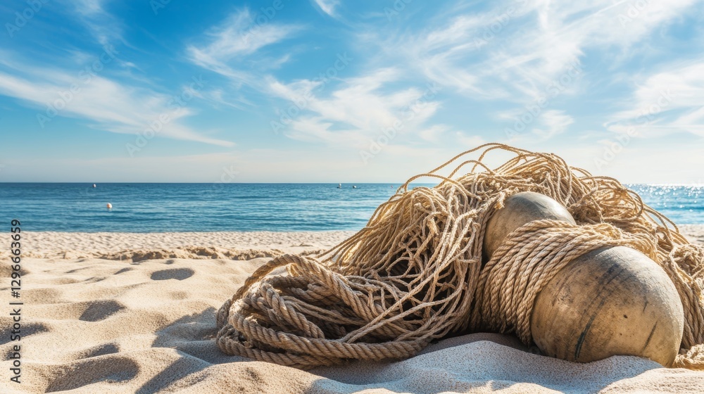 Obraz premium Fishing nets and buoys on sandy beach with ocean waves and clear sky.