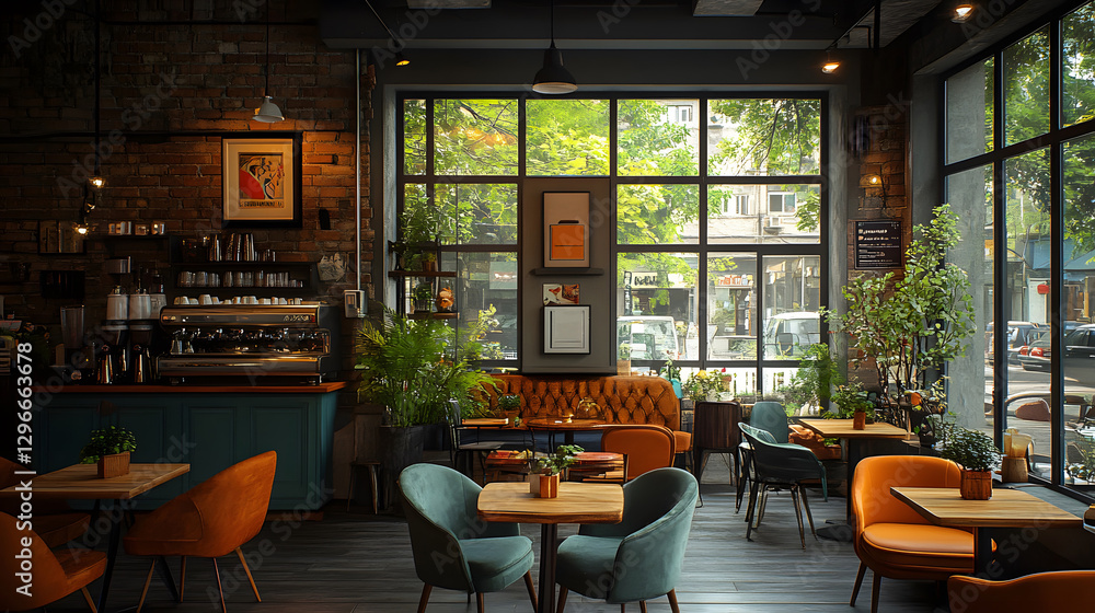 Fototapeta premium Charming coffee shop with vintage-style furniture, soft ambient lighting, and sleek modern chairs, 8K quality realistic image