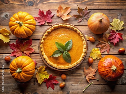 Wallpaper Mural Minimalist Thanksgiving: Top-Down View of Homemade Pumpkin Pie with Pumpkins & Autumn Leaves on Rustic Wood Torontodigital.ca