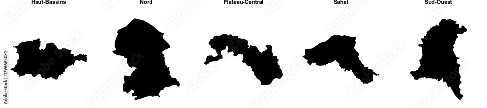 Haut-Bassins, Nord, Plateau-Central, Sahel, Sud-Ouest outline maps Haut-Bassins, Nord, Plateau-Central, Sahel, Sud-Ouest outline maps