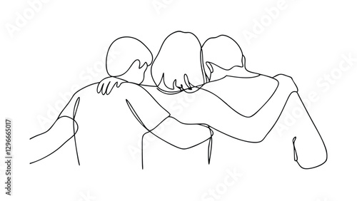 Three Friends Embrace in a SingleLine Drawing, Showing Unity