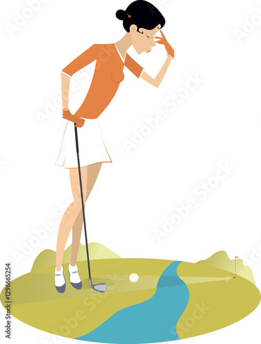 Golfer woman has problem on the golf course.
Problems to do a good shot. Golfer is thinking how to overcome a water hazard
