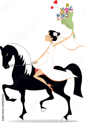Bride with a bunch of flowers rides a horse. 
Pretty bride in the white dress and wedding veil with a bunch of flowers riding horse. Isolated on white background
