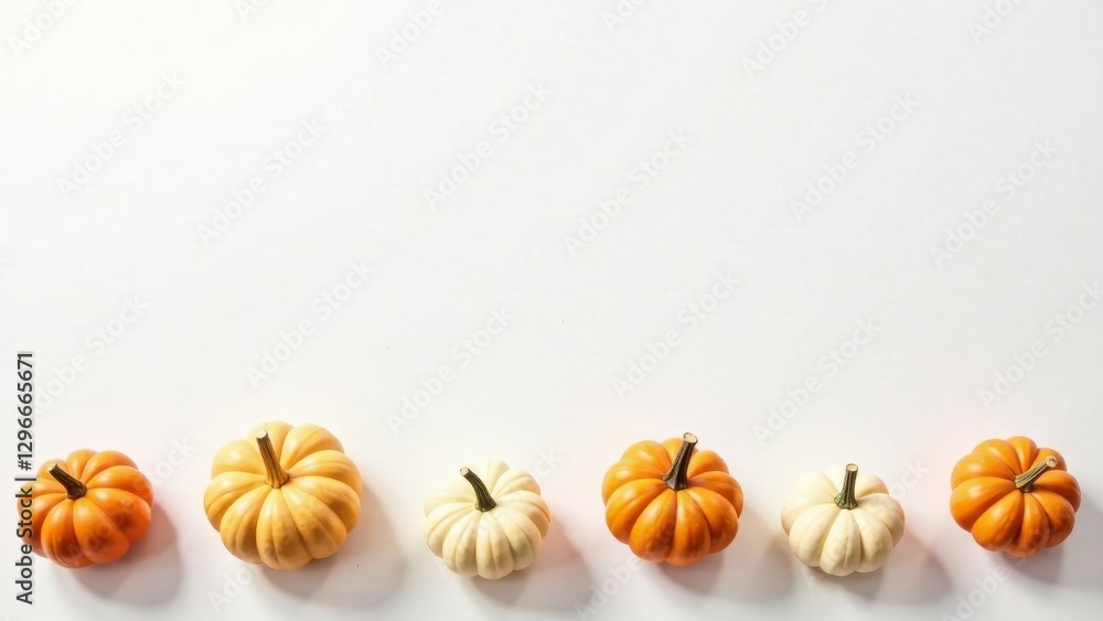 Autumnal Harvest A Row of Miniature Gourds on a Pristine White Surface Autumnal Harvest A Row of Miniature Gourds on a Pristine White Surface