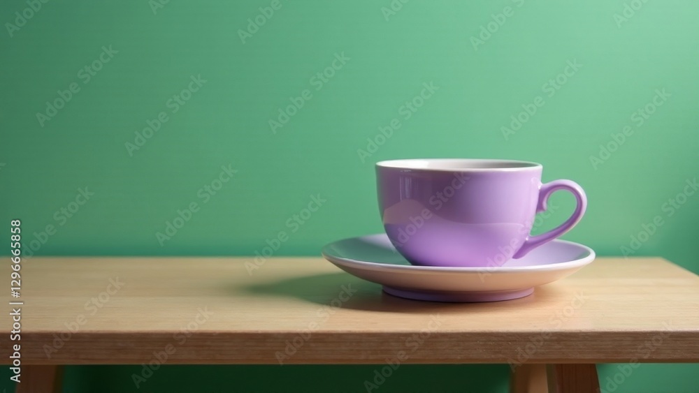 A lavender teacup rests on a saucer atop a light wood table against a muted green wall A lavender teacup rests on a saucer atop a light wood table against a muted green wall