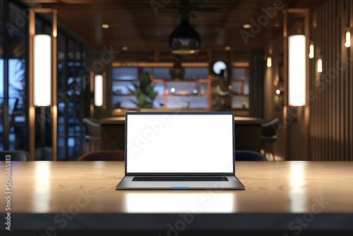 Modern Laptop Blank Screen on Wooden Table in Stylish Office Interior Design