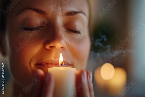 Wallpaper Mural A serene woman rests with a candle held close to her face, surrounded by soft, flickering lights, capturing the soothing essence of introspection and calmness. Torontodigital.ca